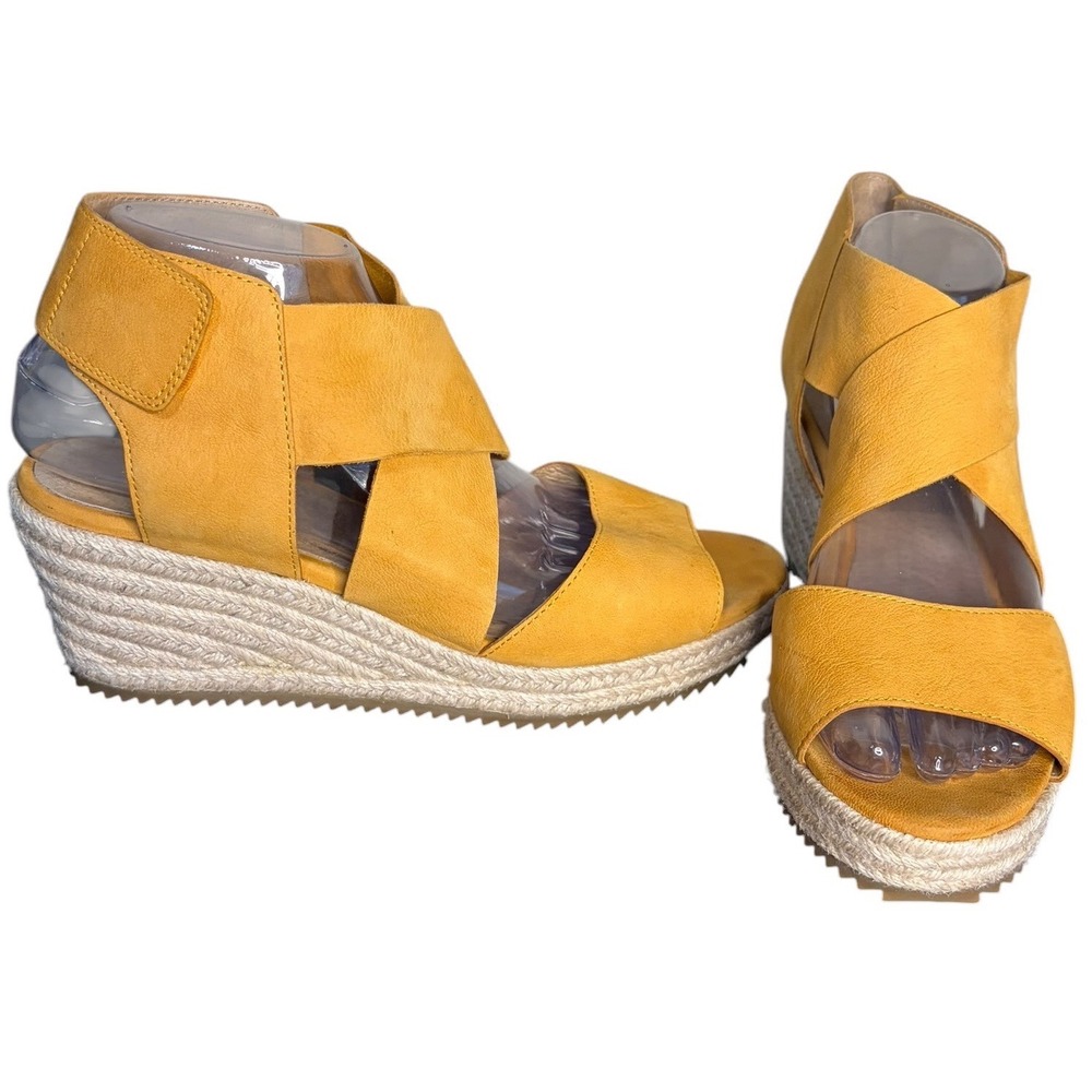 Eileen Fisher Yellow Wedge Sandals Espadrille Criss‎ Cross Women's Size 9.5